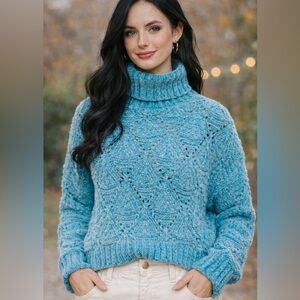 POL‎ Aqua Blue Teal Cropped Turtleneck Eyelet Knit Cozy Oversized XL